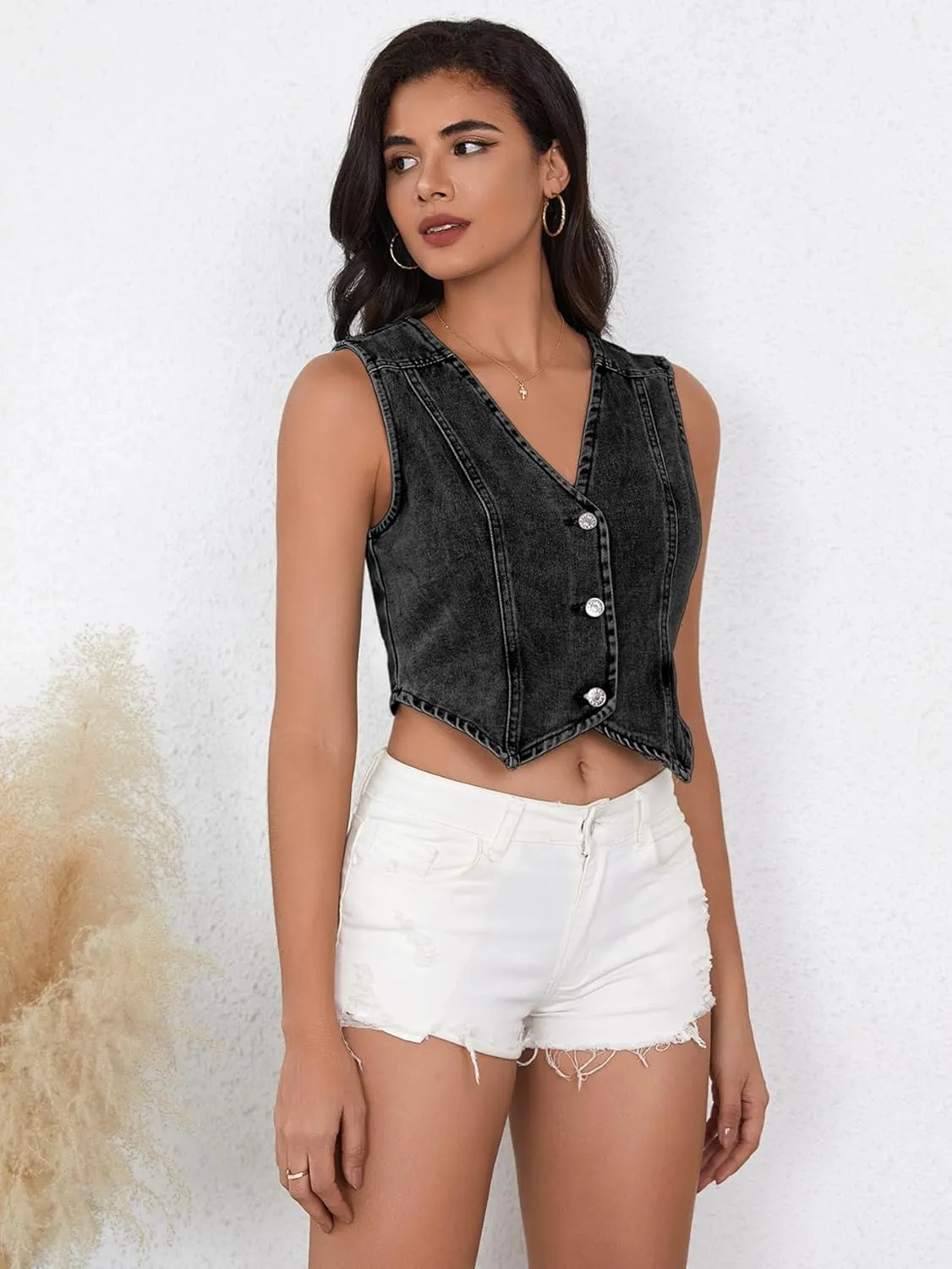 SHENHE Women's Denim Vest Button Down Sleeveless Jean Vest Top Y2K Cropped Denim Jacket Country Fashion Western Clothes