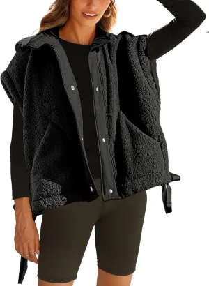 Sherpa Jacket for Women Casual Fleece Vest Oversized Sleeveless Outwear Warm Button Down Gilet with Pockets