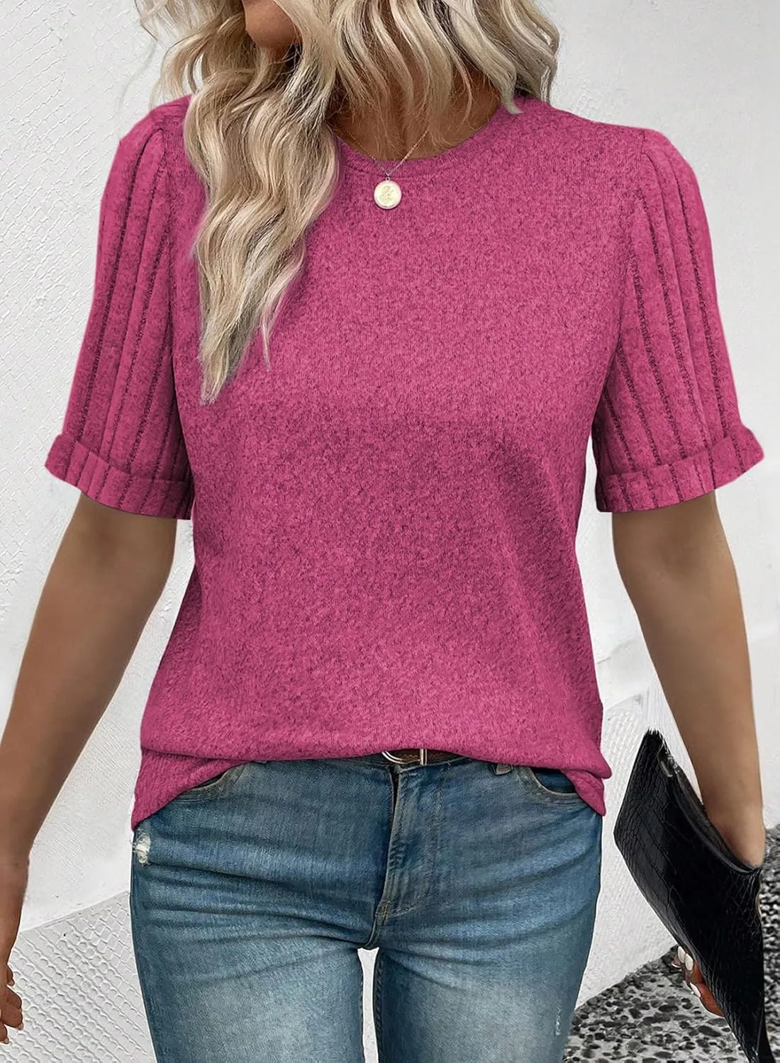 SHEWIN Women's Short Sleeve Summer Tops Crewneck Knit Solid Loose Casual Basic T Shirts Tee Blouses