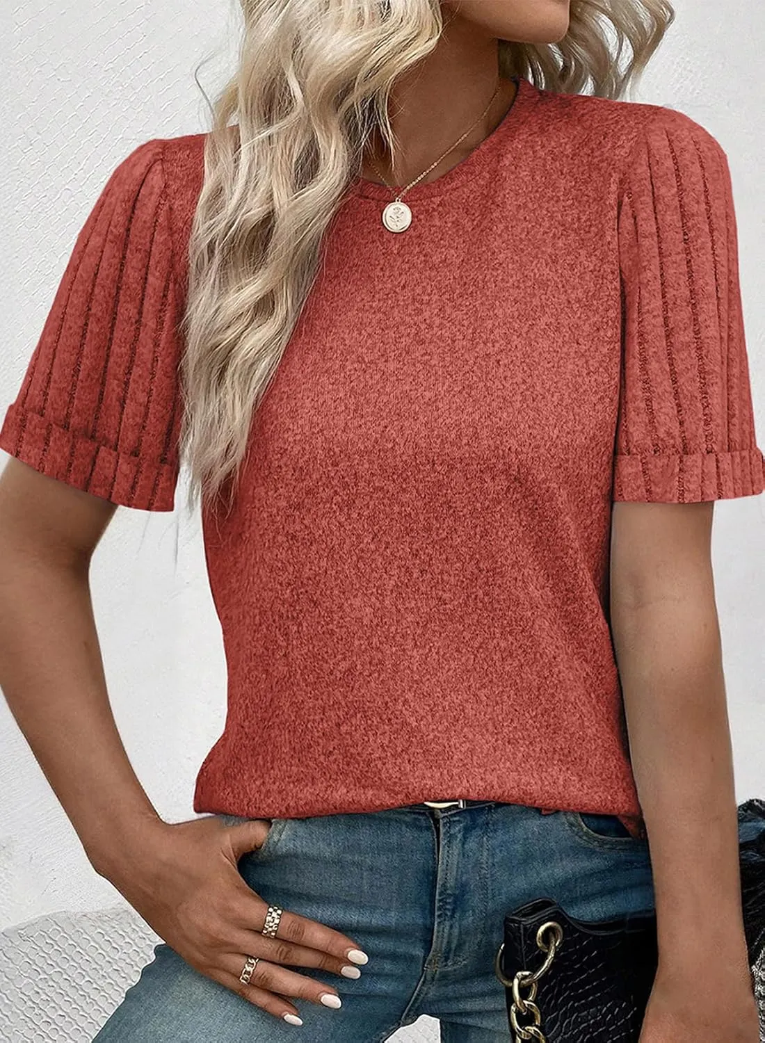 SHEWIN Women's Short Sleeve Summer Tops Crewneck Knit Solid Loose Casual Basic T Shirts Tee Blouses