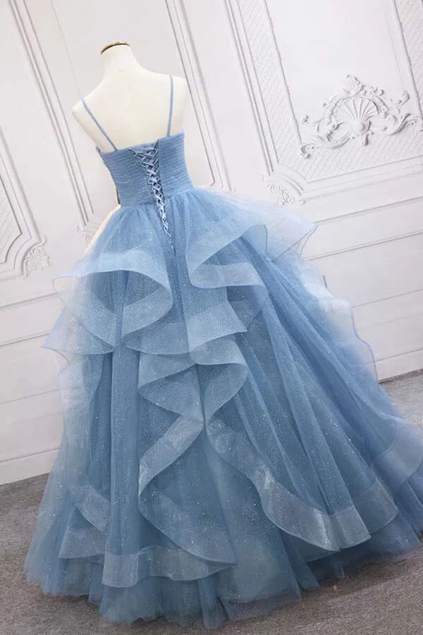 Shiny Blue Tulle A-line Spaghetti Straps Long Prom Dresses, Evening Gown, SP814