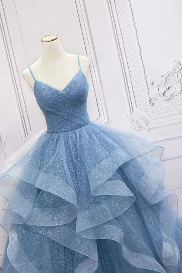 Shiny Blue Tulle A-line Spaghetti Straps Long Prom Dresses, Evening Gown, SP814