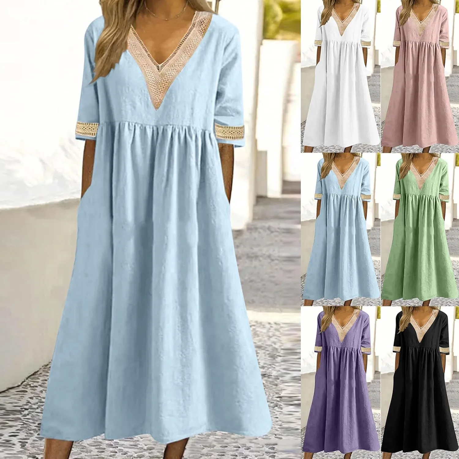 Shirt Dresses for Women Short Sleeve Pleated Summer Maxi Dresses Casual Floral Print Flowy A-Line Beach Sundress