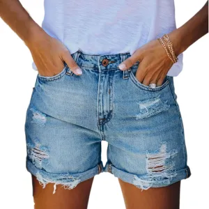 Short Jeans for Women Casual Frayed Distressed High Waisted Denim Shorts Summer Slim Fit Straight Leg Denim Short