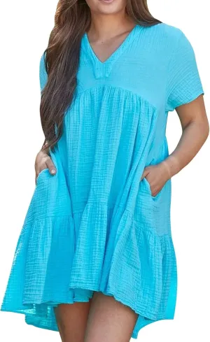 Short Sleeve Babydoll Dress for Women Summer V Neck Knee Length Holiday Sundress Casual Flowy Dress Plus Size