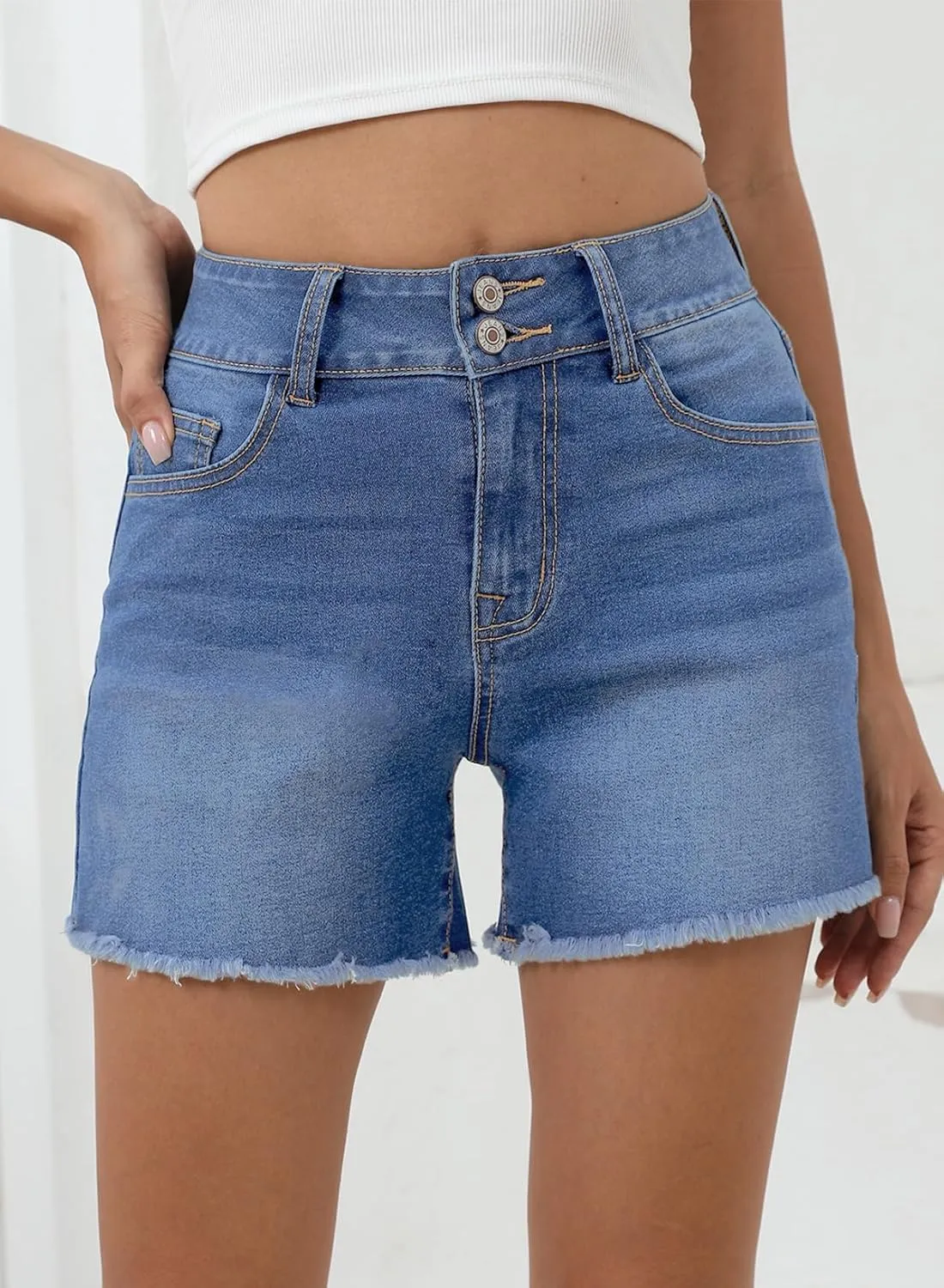 Sidefeel Women's Jean Shorts High Waisted Casual Stretchy Raw Hem Zimbaplatinum Jeans Summer Denim Shorts with Pockets