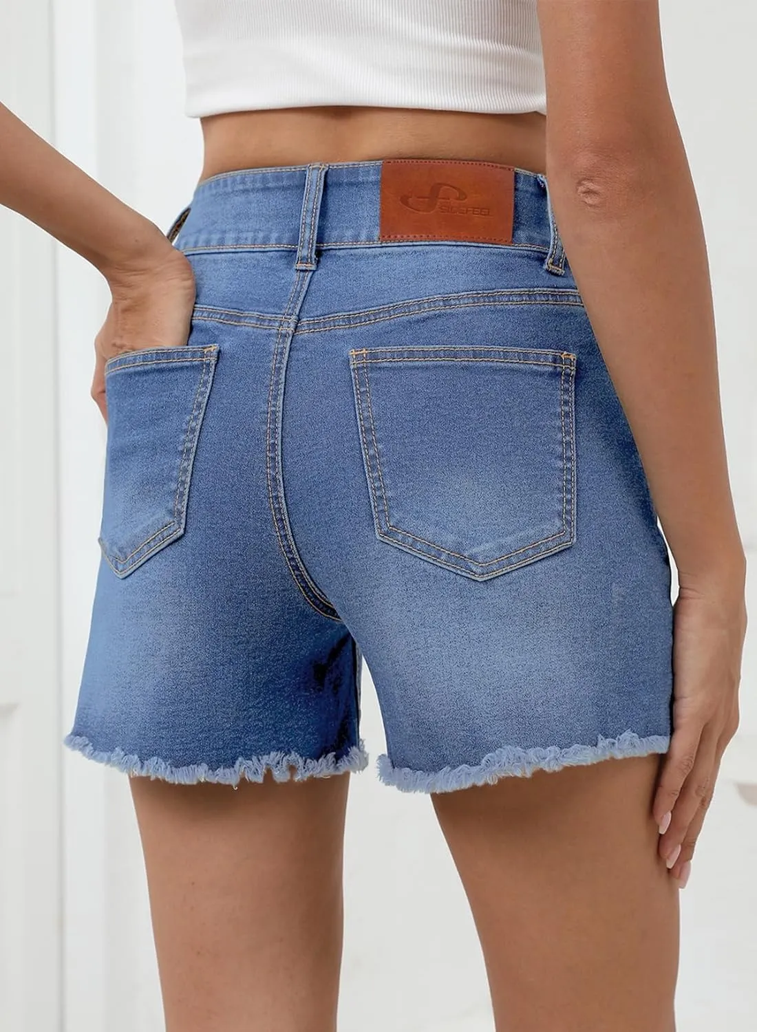 Sidefeel Women's Jean Shorts High Waisted Casual Stretchy Raw Hem Zimbaplatinum Jeans Summer Denim Shorts with Pockets