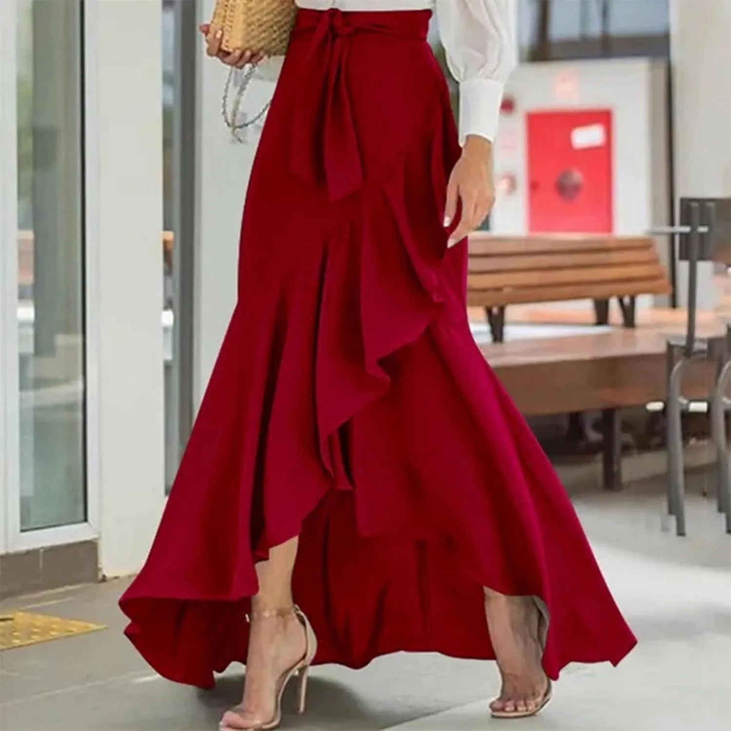 Skirts for Women Flowy Long Skirts High Waist Irregular Hem Skirt Plus Size A Line Maxi Skirts Solid Plaid Skirt