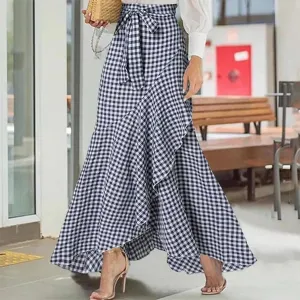 Skirts for Women Flowy Long Skirts High Waist Irregular Hem Skirt Plus Size A Line Maxi Skirts Solid Plaid Skirt