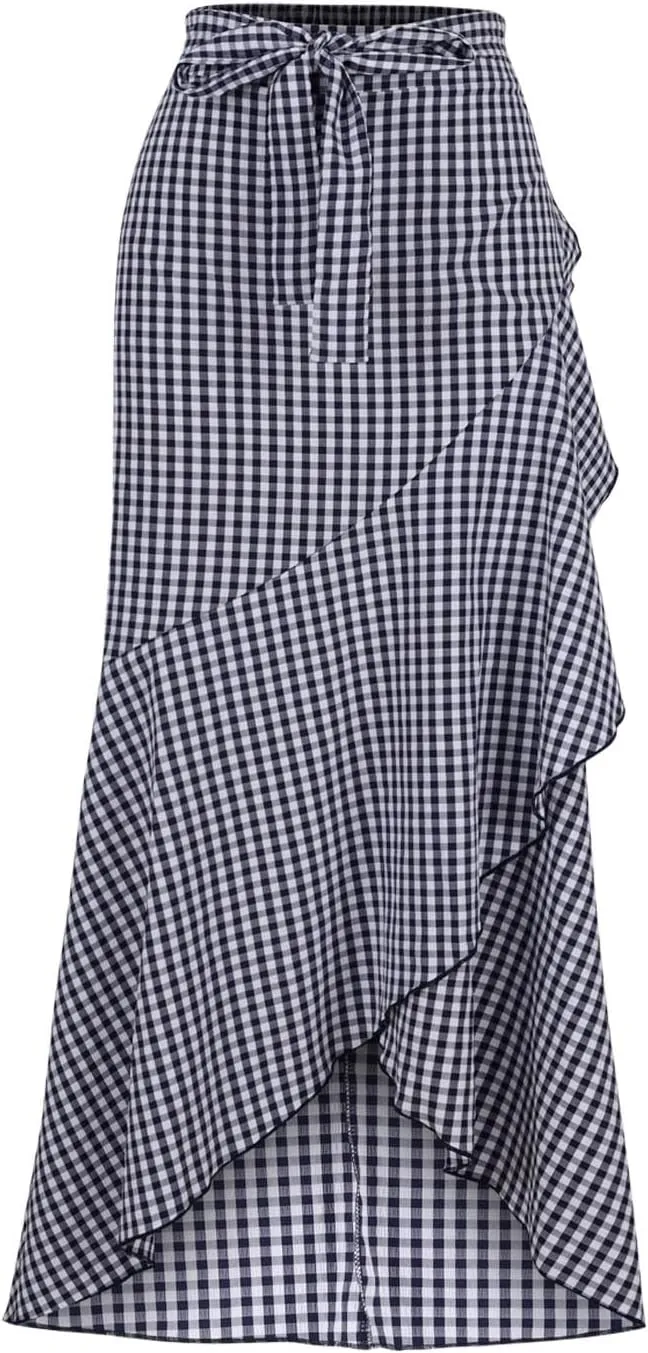 Skirts for Women Flowy Long Skirts High Waist Irregular Hem Skirt Plus Size A Line Maxi Skirts Solid Plaid Skirt