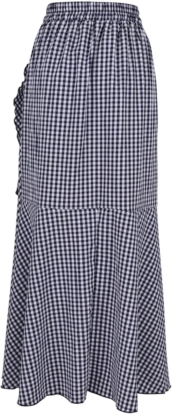Skirts for Women Flowy Long Skirts High Waist Irregular Hem Skirt Plus Size A Line Maxi Skirts Solid Plaid Skirt