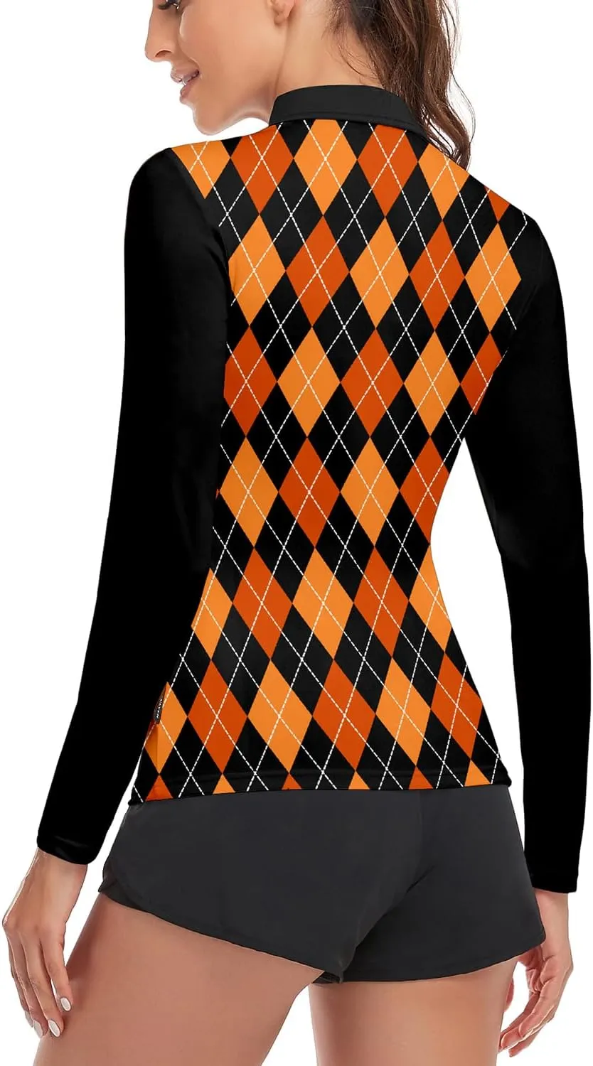 Soneven Womens Long Sleeve Golf Shirts Half Zip Moisture Wicking Print Golf Tops Tennis Shirts(XS-3XL)