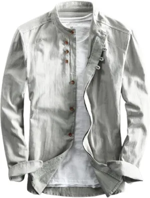 Soulona Men's Katana Japan Style Shirt, Premium Linen & Cotton Blend Craftsmanship, V-Neck, Long Sleeve, Grey, S-5XL