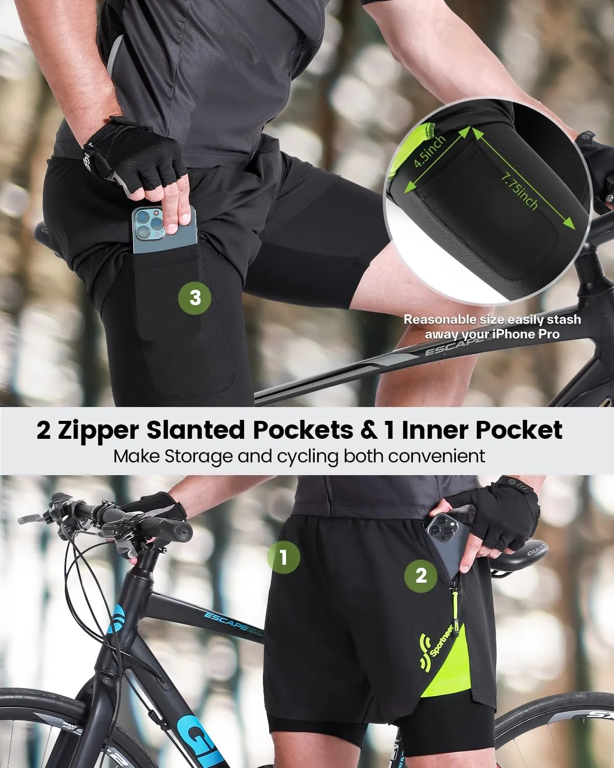 Sportneer Bike Shorts for Men - 3D Padded Lightweight MTB Fit Riding Biking Bicycle Biker Shorts with Zipper Pockets