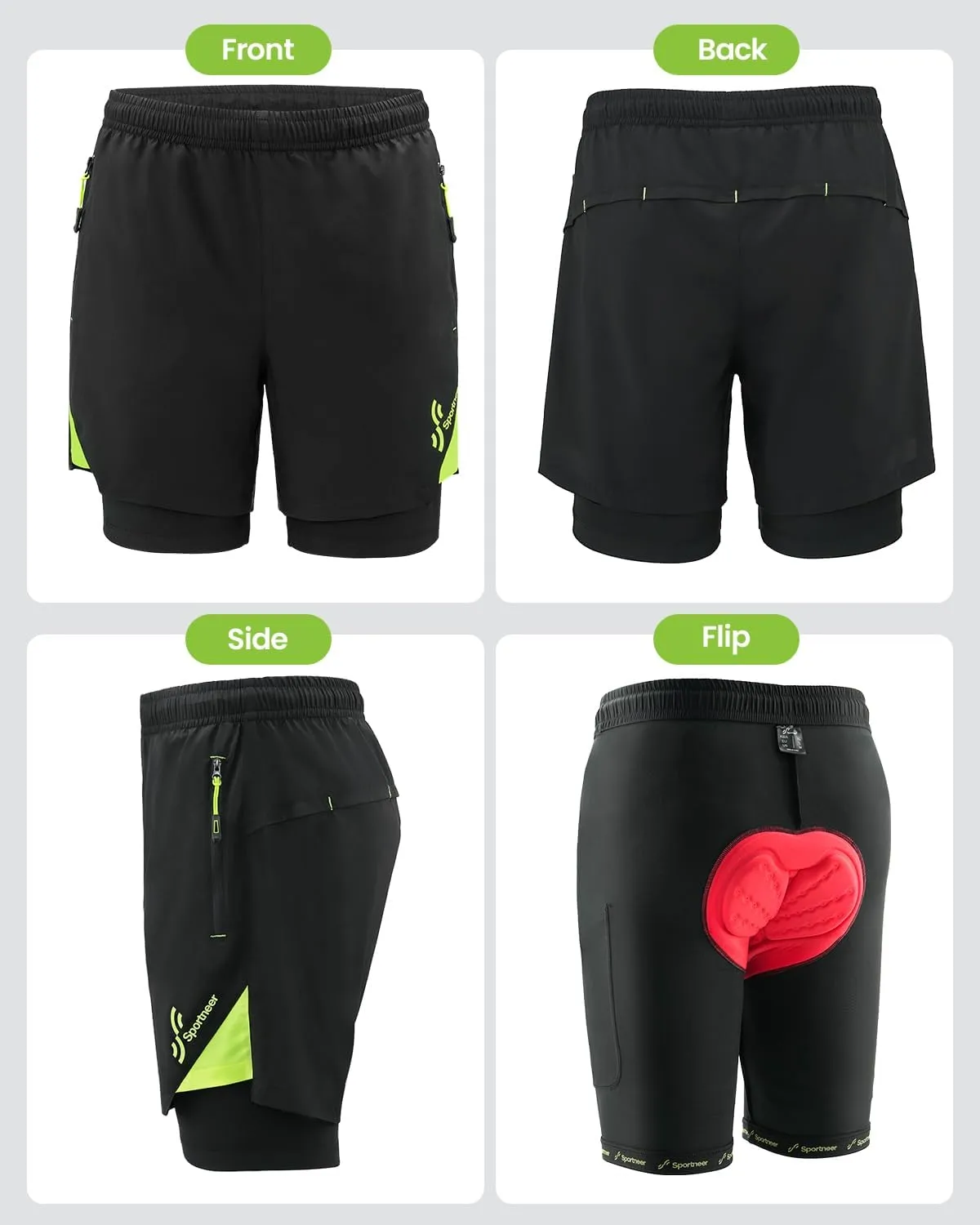 Sportneer Bike Shorts for Men - 3D Padded Lightweight MTB Fit Riding Biking Bicycle Biker Shorts with Zipper Pockets