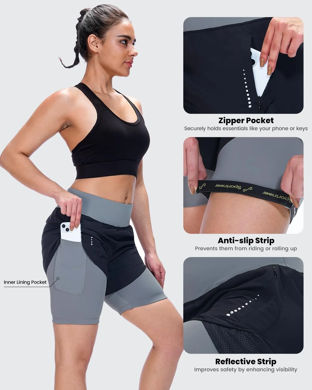 Sportneer Women Padded Bike Shorts - 4D Bicycle Cycling Shorts with 2 Zipper Pockets & Inner Pocket, Stylish and Comfortable