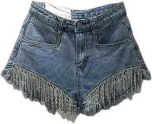 Spring and Summer Hot Pants Femme Ripped High Waist Rhinestone Tassel Chain Slim Fit Straight Denim Shorts Women