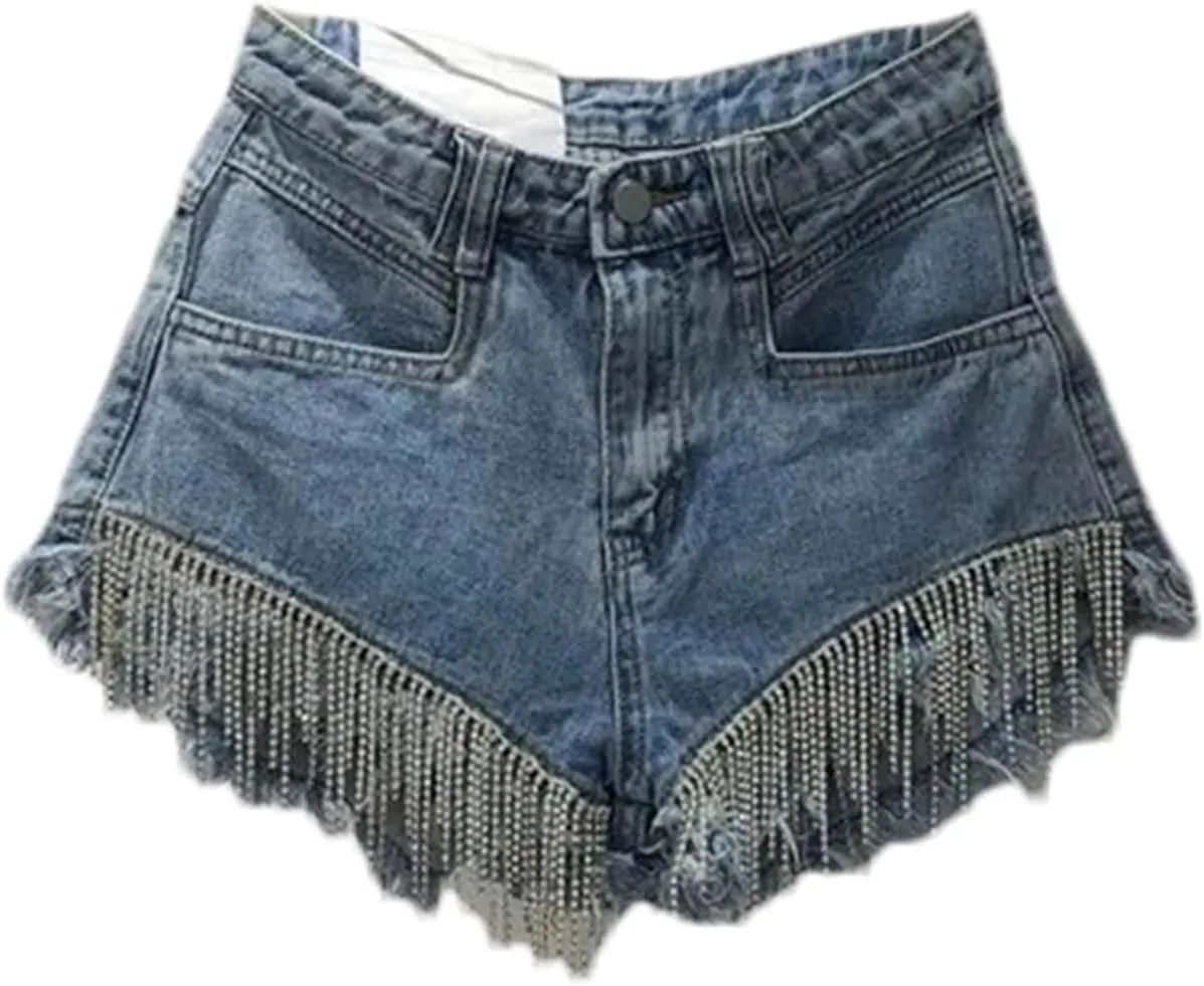 Spring and Summer Hot Pants Femme Ripped High Waist Rhinestone Tassel Chain Slim Fit Straight Denim Shorts Women