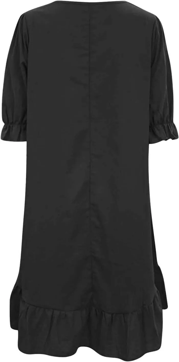 Spring Dresses for Women 2024 Midi Fashion Solid Retro Cotton and Linen Mid Sleeve Round Neck Short Sleeve Dress for Women