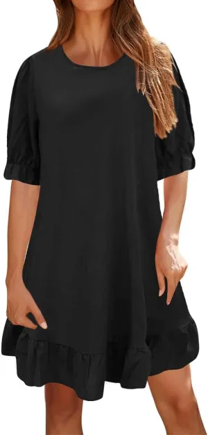 Spring Dresses for Women 2024 Midi Fashion Solid Retro Cotton and Linen Mid Sleeve Round Neck Short Sleeve Dress for Women