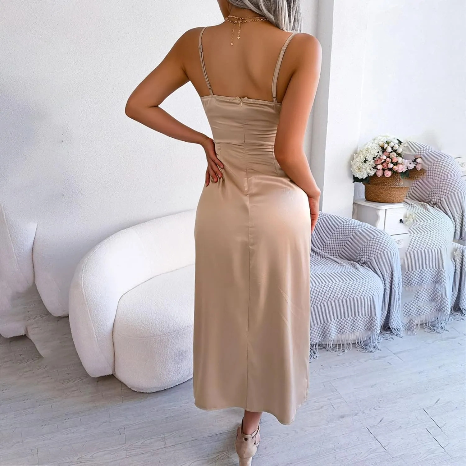 Spring Dresses for Women 2024 Spring Casual Sexy Split Sundress Sleeveless Low Neck Satin Womens White Dress