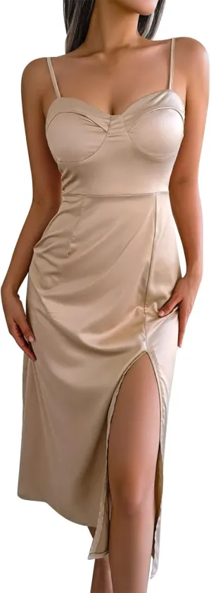 Spring Dresses for Women 2024 Spring Casual Sexy Split Sundress Sleeveless Low Neck Satin Womens White Dress
