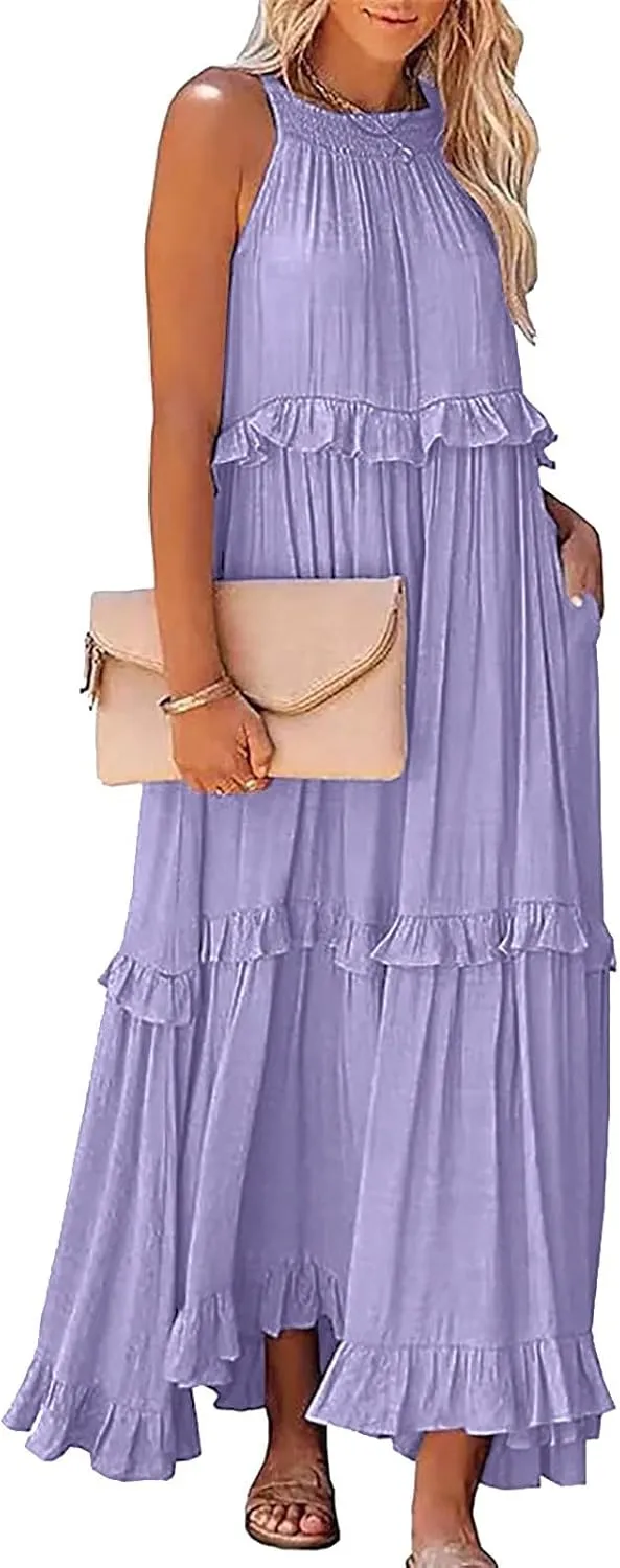 Spring Dresses for Women 2025, Women's Summer Sleeveless Halter Neck Ruffle Tiered Layed Flowy Swing Long Maxi Dress