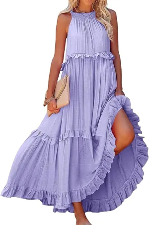 Spring Dresses for Women 2025, Women's Summer Sleeveless Halter Neck Ruffle Tiered Layed Flowy Swing Long Maxi Dress