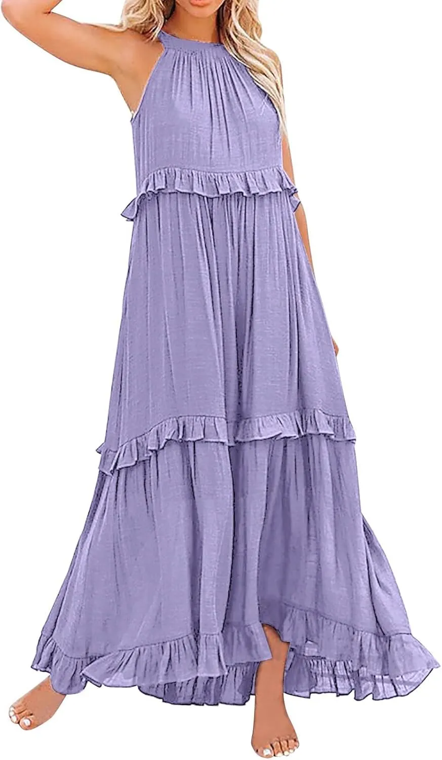 Spring Dresses for Women 2025, Women's Summer Sleeveless Halter Neck Ruffle Tiered Layed Flowy Swing Long Maxi Dress