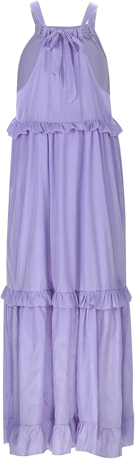 Spring Dresses for Women 2025, Women's Summer Sleeveless Halter Neck Ruffle Tiered Layed Flowy Swing Long Maxi Dress
