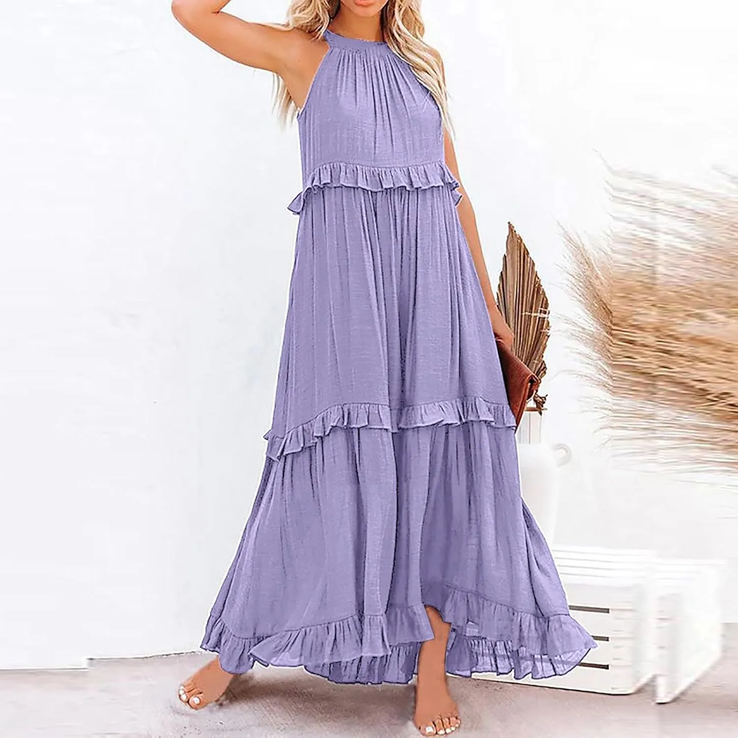 Spring Dresses for Women 2025, Women's Summer Sleeveless Halter Neck Ruffle Tiered Layed Flowy Swing Long Maxi Dress