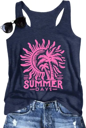 Summer Beach Tank Tops for Women Retro Sunshine Coconut Tree Graphic Sleeveless Tee Hawaiian Family Vacation Tops
