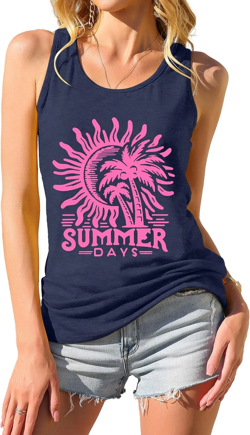 Summer Beach Tank Tops for Women Retro Sunshine Coconut Tree Graphic Sleeveless Tee Hawaiian Family Vacation Tops