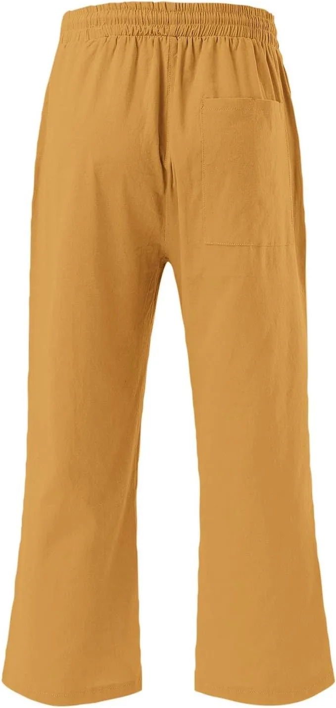 Summer Capri Pants for Women Cotton Linen Straight Leg Cropped Trousers High Waist Shorts Casual Pant with Pockets