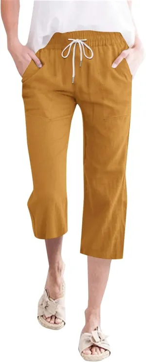 Summer Capri Pants for Women Cotton Linen Straight Leg Cropped Trousers High Waist Shorts Casual Pant with Pockets