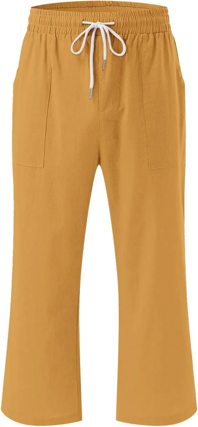 Summer Capri Pants for Women Cotton Linen Straight Leg Cropped Trousers High Waist Shorts Casual Pant with Pockets