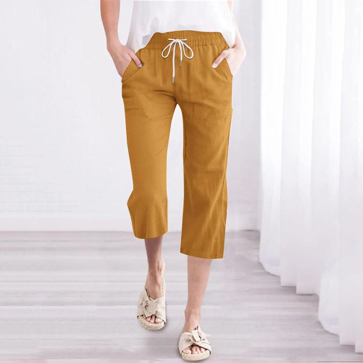 Summer Capri Pants for Women Cotton Linen Straight Leg Cropped Trousers High Waist Shorts Casual Pant with Pockets