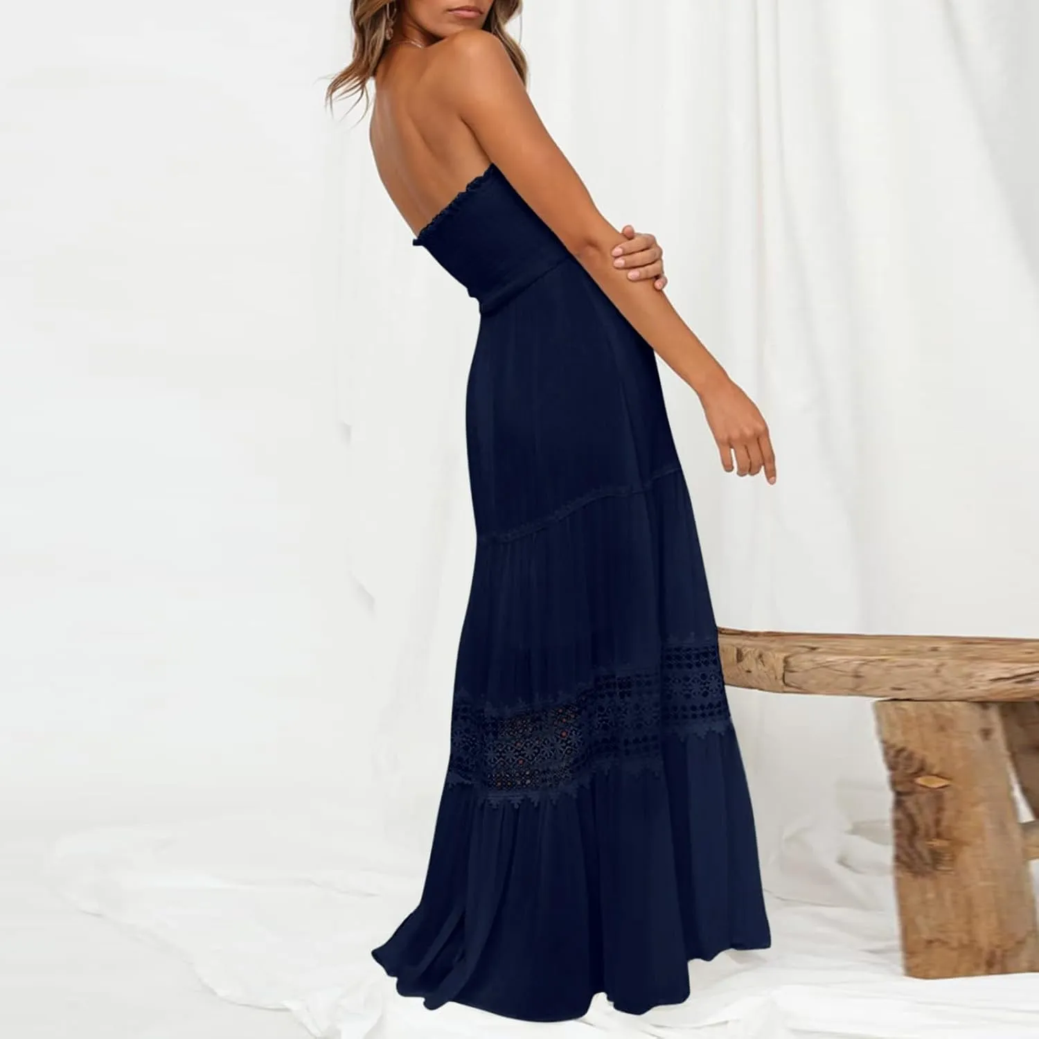 Summer Dresses for Women 2024 Strapless Off Shoulder Crochet Lace Trim Flowy A Line Wedding Guest Dress Beach Long Maxi Dress