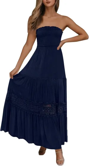 Summer Dresses for Women 2024 Strapless Off Shoulder Crochet Lace Trim Flowy A Line Wedding Guest Dress Beach Long Maxi Dress