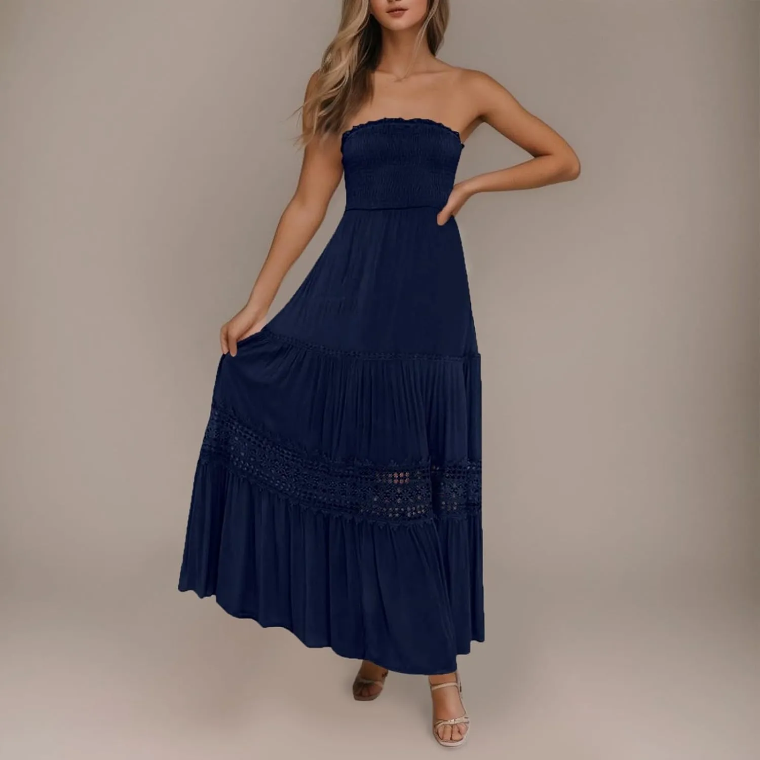 Summer Dresses for Women 2024 Strapless Off Shoulder Crochet Lace Trim Flowy A Line Wedding Guest Dress Beach Long Maxi Dress