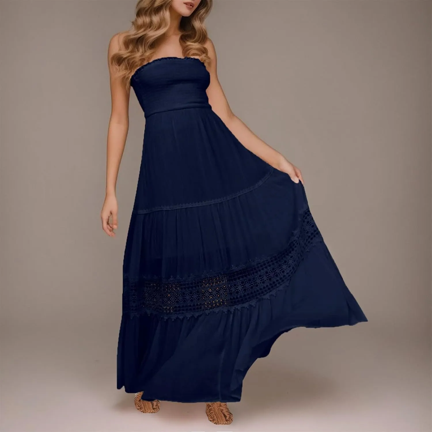 Summer Dresses for Women 2024 Strapless Off Shoulder Crochet Lace Trim Flowy A Line Wedding Guest Dress Beach Long Maxi Dress