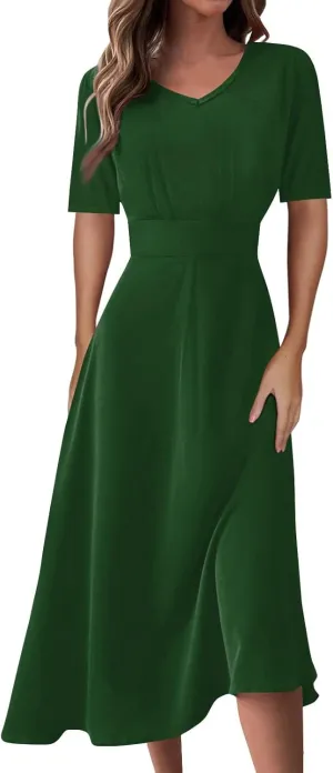 Summer Dresses for Women 2024, Women's Waisted Solid Color Casual Long Dress Plus Size Short Sleeve V-Neck Dresses