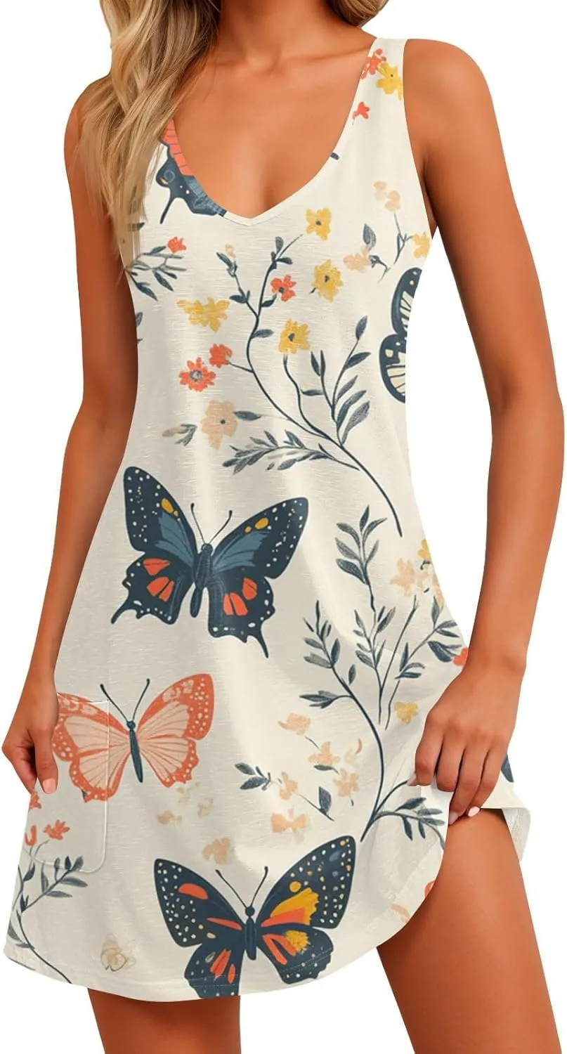 Summer Dresses for Women 2025 Casual Loose Tank Dress V-Neck Floral T Shirt Dresses Boho Beach Sleeveless Sundresses