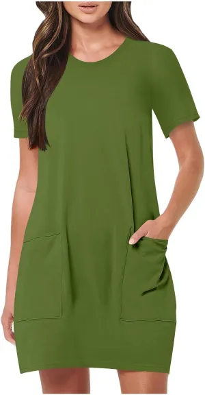 Summer Dresses for Women 2025 Classiac Fit Short Sleeve Midi Dress with Pockets Casual Loose Summer Beach Dresses