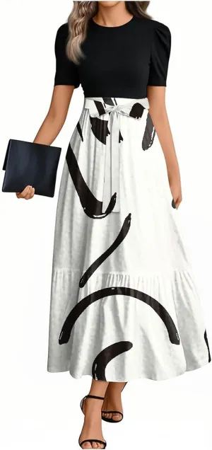 Summer Dresses for Women 2025 Patchwork Long Sundress Ruffle Hem a Line Dress Short Sleeve Flowy Floral Maxi Dress