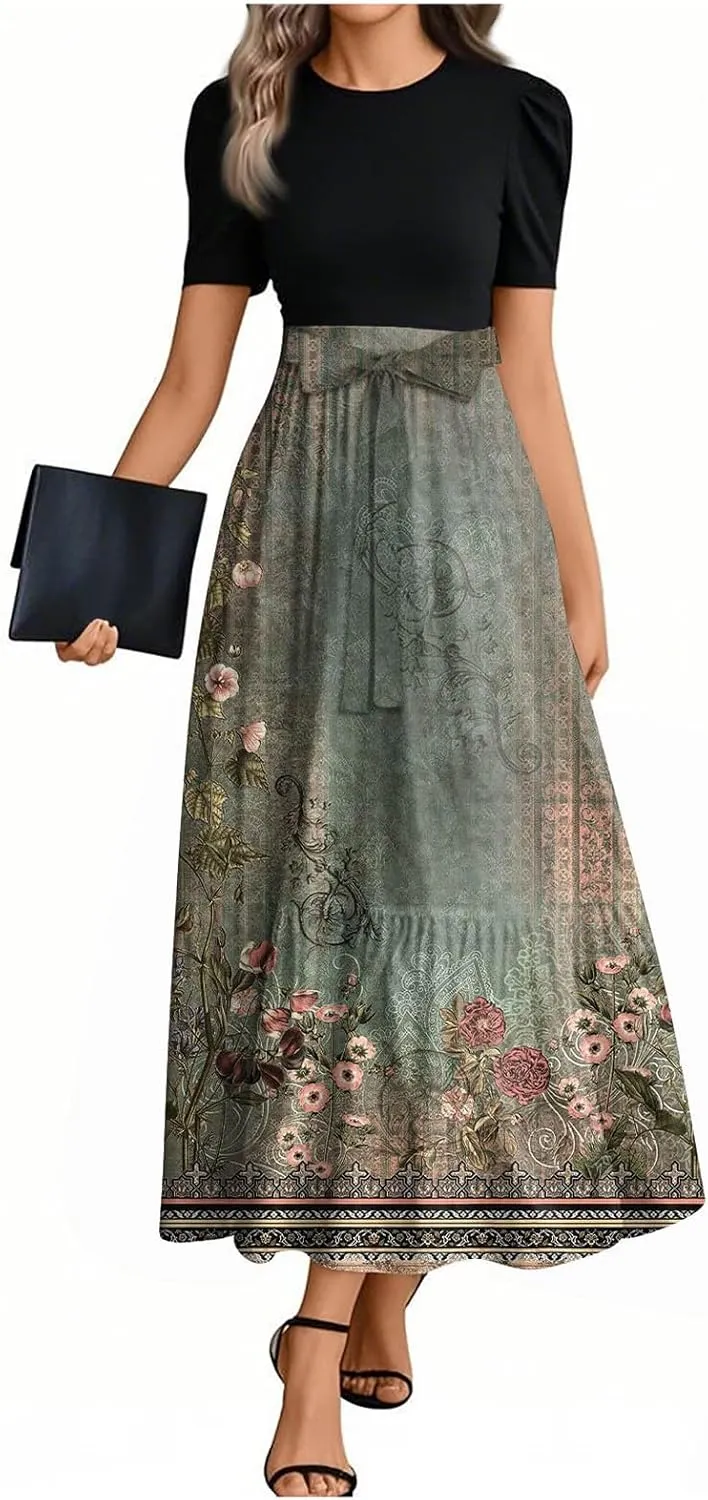 Summer Dresses for Women 2025 Patchwork Long Sundress Ruffle Hem a Line Dress Short Sleeve Flowy Floral Maxi Dress
