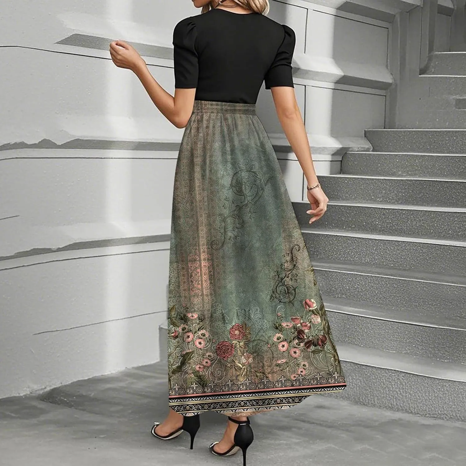 Summer Dresses for Women 2025 Patchwork Long Sundress Ruffle Hem a Line Dress Short Sleeve Flowy Floral Maxi Dress