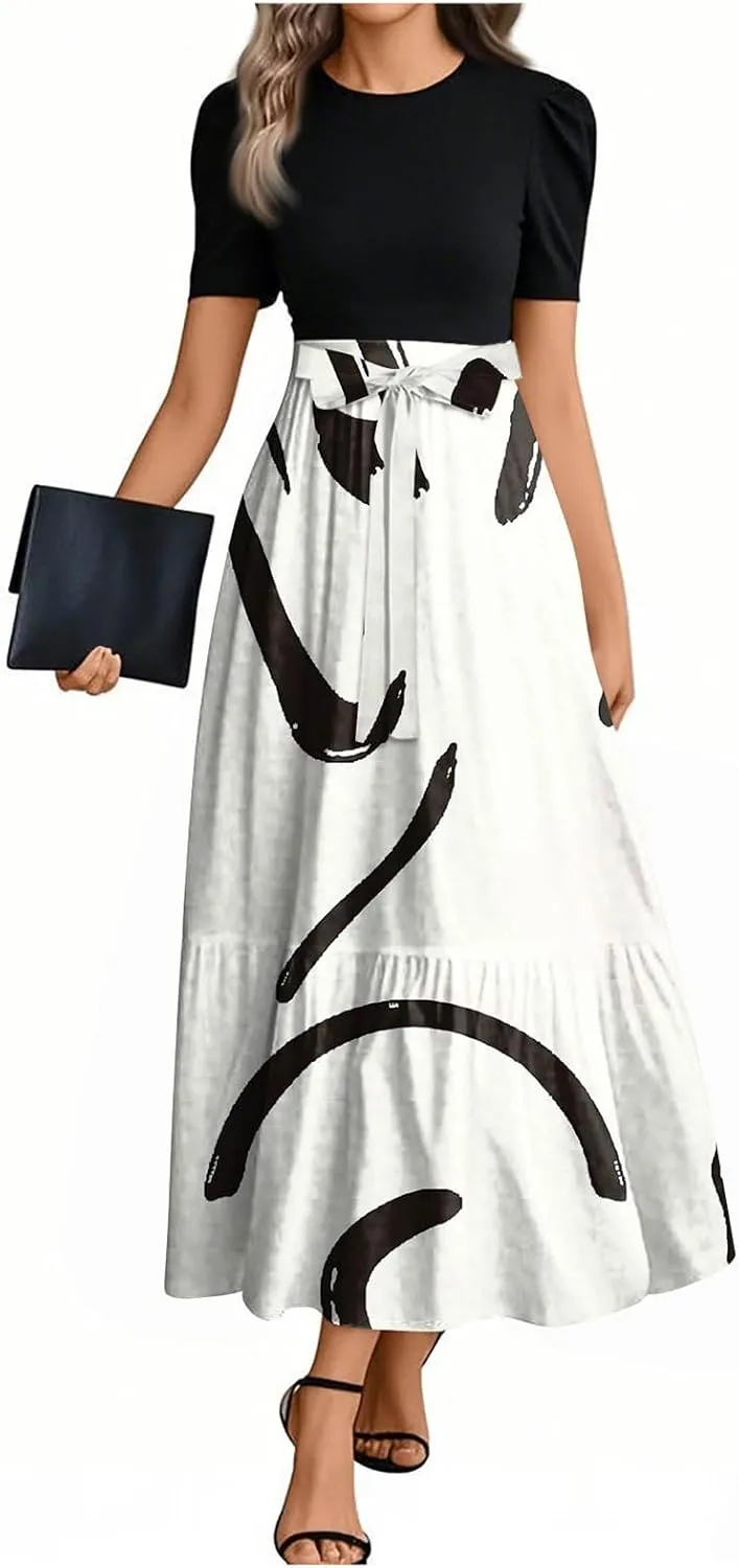 Summer Dresses for Women 2025 Patchwork Long Sundress Ruffle Hem a Line Dress Short Sleeve Flowy Floral Maxi Dress