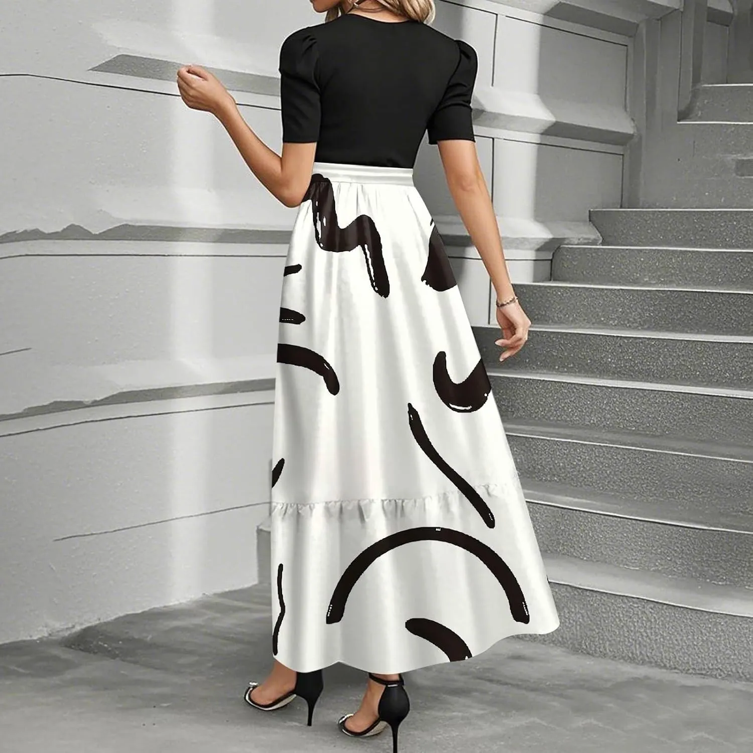 Summer Dresses for Women 2025 Patchwork Long Sundress Ruffle Hem a Line Dress Short Sleeve Flowy Floral Maxi Dress