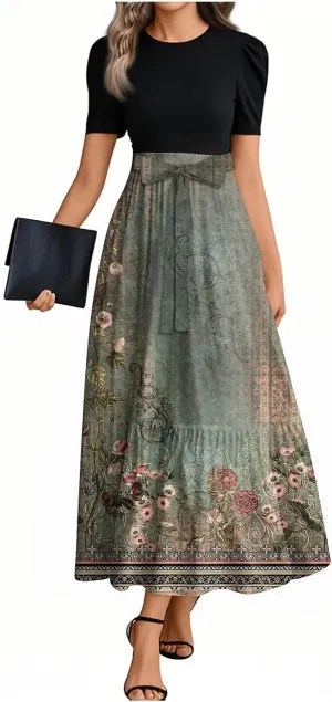 Summer Dresses for Women 2025 Patchwork Long Sundress Ruffle Hem a Line Dress Short Sleeve Flowy Floral Maxi Dress